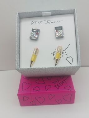 Betsey Johnson Pencil and Calculator  Pierced Earrings Set